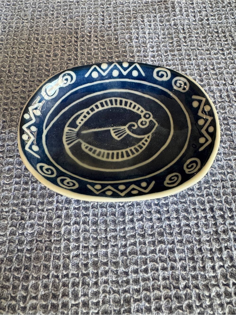 Handmade Fish Motif Ceramic Dish in Dark Blue and White